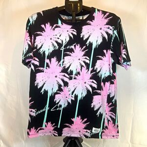WeSC Men's T-Shirt Crew Neck Short Sleeve Black Pink Tropical Palm Size L